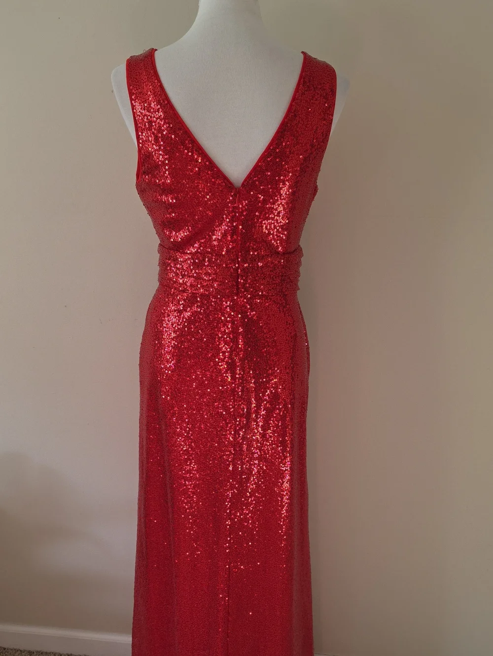 Kate Kasin Red Sequin V-Neck Evening Gown